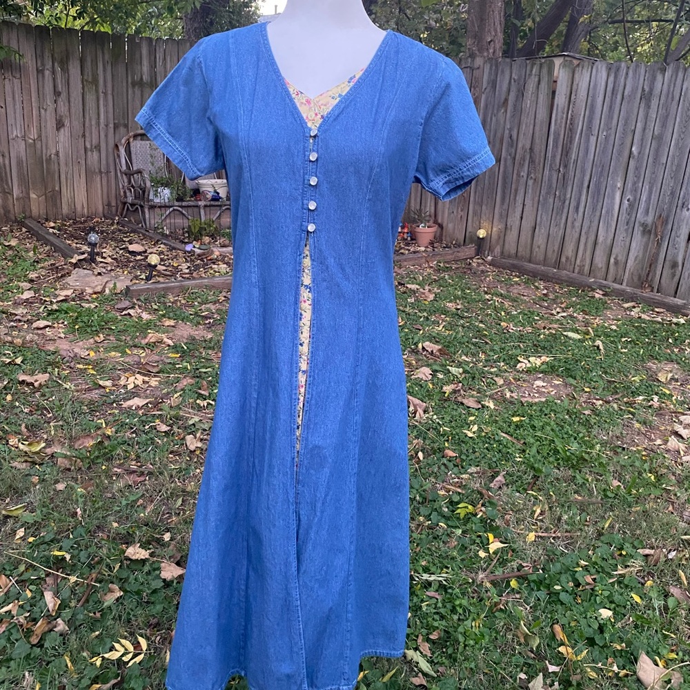 Vintage Erika Classics Denim Maxi Dress with Floral Insert – Size M